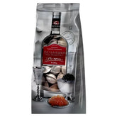 The package shows Germes - Frozen Pork & Beef Filled Dumplings Silver Edition (1Kg), with a bottle, glass, bowl of black caviar, and portion of red caviar in front, plus Russian text on the label.